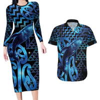 Humpback Whale Matariki New Zealand Couples Matching Long Sleeve Bodycon Dress and Hawaiian Shirt NZ Maori Paikea Poutama Luxury Blue