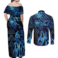 Humpback Whale Matariki New Zealand Couples Matching Off Shoulder Maxi Dress and Long Sleeve Button Shirt NZ Maori Paikea Poutama Luxury Blue
