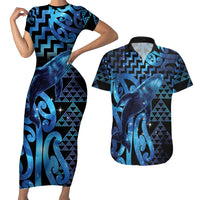 Humpback Whale Matariki New Zealand Couples Matching Short Sleeve Bodycon Dress and Hawaiian Shirt NZ Maori Paikea Poutama Luxury Blue
