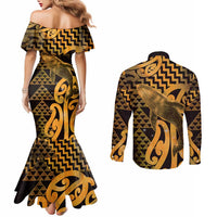 Humpback Whale Matariki New Zealand Couples Matching Mermaid Dress and Long Sleeve Button Shirt NZ Maori Paikea Poutama Luxury Gold