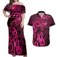 Humpback Whale Matariki New Zealand Couples Matching Off Shoulder Maxi Dress and Hawaiian Shirt NZ Maori Paikea Poutama Luxury Pink