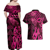 Humpback Whale Matariki New Zealand Couples Matching Off Shoulder Maxi Dress and Hawaiian Shirt NZ Maori Paikea Poutama Luxury Pink