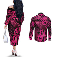 Humpback Whale Matariki New Zealand Couples Matching Off The Shoulder Long Sleeve Dress and Long Sleeve Button Shirt NZ Maori Paikea Poutama Luxury Pink