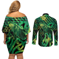 Humpback Whale Matariki New Zealand Couples Matching Off Shoulder Short Dress and Long Sleeve Button Shirt NZ Maori Paikea Poutama Luxury Green