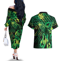 Humpback Whale Matariki New Zealand Couples Matching Off The Shoulder Long Sleeve Dress and Hawaiian Shirt NZ Maori Paikea Poutama Luxury Green