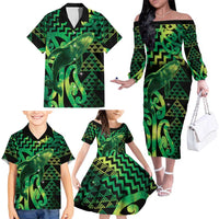 Humpback Whale Matariki New Zealand Family Matching Off The Shoulder Long Sleeve Dress and Hawaiian Shirt NZ Maori Paikea Poutama Luxury Green