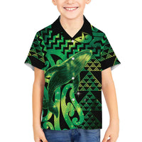 Humpback Whale Matariki New Zealand Family Matching Off Shoulder Short Dress and Hawaiian Shirt NZ Maori Paikea Poutama Luxury Green