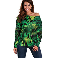 Humpback Whale Matariki New Zealand Off Shoulder Sweater NZ Maori Paikea Poutama Luxury Green