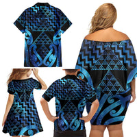 Taniko Motifs Matariki New Zealand Family Matching Off Shoulder Short Dress and Hawaiian Shirt NZ Niho Taniwha Poutama
