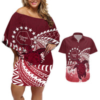 Cook Islands Mangaia Gospel Day Couples Matching Off Shoulder Short Dress and Hawaiian Shirt Polynesian Art With Sea Turtle
