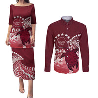 Cook Islands Mangaia Gospel Day Couples Matching Puletasi and Long Sleeve Button Shirt Polynesian Art With Sea Turtle