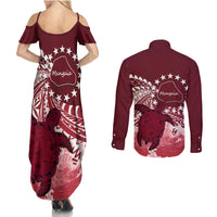 Cook Islands Mangaia Gospel Day Couples Matching Summer Maxi Dress and Long Sleeve Button Shirt Polynesian Art With Sea Turtle LT14 - Polynesian Pride