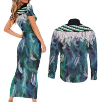 Aotearoa Korowai Motif Couples Matching Short Sleeve Bodycon Dress and Long Sleeve Button Shirt Hei Tiki Poutama Maori Pattern