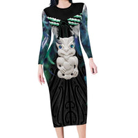 Aotearoa Korowai Motif Family Matching Long Sleeve Bodycon Dress and Hawaiian Shirt Hei Tiki Poutama Maori Pattern