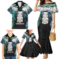 Aotearoa Korowai Motif Family Matching Mermaid Dress and Hawaiian Shirt Hei Tiki Poutama Maori Pattern