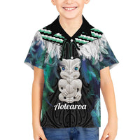 Aotearoa Korowai Motif Kid Hawaiian Shirt Hei Tiki Poutama Maori Pattern LT14 Kid Turquoise - Polynesian Pride