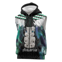 Aotearoa Korowai Motif Sleeveless Zip Hoodie Hei Tiki Poutama Maori Pattern LT14 Turquoise - Polynesian Pride