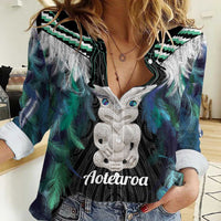 Aotearoa Korowai Motif Women Casual Shirt Hei Tiki Poutama Maori Pattern