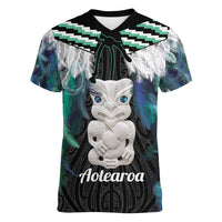 Aotearoa Korowai Motif Women V-Neck T-Shirt Hei Tiki Poutama Maori Pattern