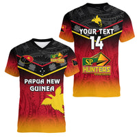 Personalised Papua New Guinea Rugby Women V Neck T Shirt PNG Hunters Polynesian Black LT14 - Polynesian Pride
