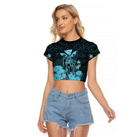 Personalised King Kamehameha Day Hawaii Raglan Cropped T Shirt Polynesia Tribal Kanaka And Hibiscus Turquoise LT14 Female Turquoise - Polynesian Pride