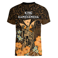 Polynesian Pride King Kamehameha Day Hawaii Women V Neck T Shirt Polynesia Tribal Kanaka And Hibiscus Gold LT14 - Polynesian Pride