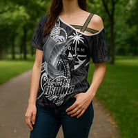 Guam Blue Marlin Fishing Cross Shoulder Shirt Guahan Fish Hook Tattoo Black Version LT14 - Polynesian Pride