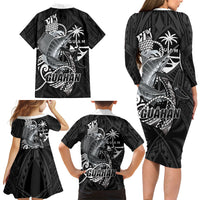 Guam Blue Marlin Fishing Family Matching Long Sleeve Bodycon Dress and Hawaiian Shirt Guahan Fish Hook Tattoo Black Version