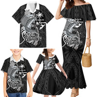 Guam Blue Marlin Fishing Family Matching Mermaid Dress and Hawaiian Shirt Guahan Fish Hook Tattoo Black Version
