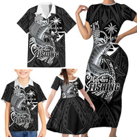 Guam Blue Marlin Fishing Family Matching Short Sleeve Bodycon Dress and Hawaiian Shirt Guahan Fish Hook Tattoo Black Version