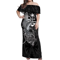 Guam Blue Marlin Fishing Off Shoulder Maxi Dress Guahan Fish Hook Tattoo Black Version LT14 Women Black - Polynesian Pride
