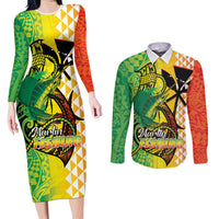 Hawaii Blue Marlin Fishing Couples Matching Long Sleeve Bodycon Dress and Long Sleeve Button Shirt Hawaiian Kanaka Kakau Reggae