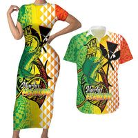 Hawaii Blue Marlin Fishing Couples Matching Short Sleeve Bodycon Dress and Hawaiian Shirt Hawaiian Kanaka Kakau Reggae