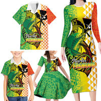 Hawaii Blue Marlin Fishing Family Matching Long Sleeve Bodycon Dress and Hawaiian Shirt Hawaiian Kanaka Kakau Reggae