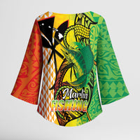 Hawaii Blue Marlin Fishing Kimono Sleeve Blouse Hawaiian Kanaka Kakau Reggae LT14 - Polynesian Pride