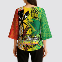 Hawaii Blue Marlin Fishing Kimono Sleeve Blouse Hawaiian Kanaka Kakau Reggae LT14 - Polynesian Pride
