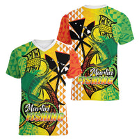 Hawaii Blue Marlin Fishing Women V-Neck T-Shirt Hawaiian Kanaka Kakau Reggae