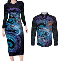 Personalised Blue Marlin Fishing New Zealand Couples Matching Long Sleeve Bodycon Dress and Long Sleeve Button Shirt NZ Kiwi Cowboy Born To Fish