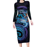 Personalised Blue Marlin Fishing New Zealand Long Sleeve Bodycon Dress NZ Kiwi Cowboy Born To Fish