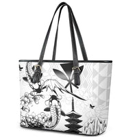 Japan And Hawaii Leather Tote Bag Sakura Koi Fish Hawaiian Lei Kanaka - Polynesian Pride