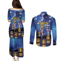 Japan Obon Festival Couples Matching Puletasi and Long Sleeve Button Shirt Sakura Lanterns With Bon Dance LT14 - Polynesian Pride