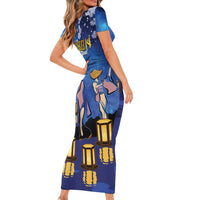Japan Obon Festival Family Matching Short Sleeve Bodycon Dress and Hawaiian Shirt Sakura Lanterns With Bon Dance - Polynesian Pride