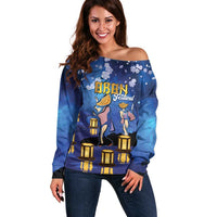 Japan Obon Festival Off Shoulder Sweater Sakura Lanterns With Bon Dance - Polynesian Pride