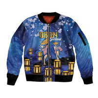 Japan Obon Festival Sleeve Zip Bomber Jacket Sakura Lanterns With Bon Dance - Polynesian Pride