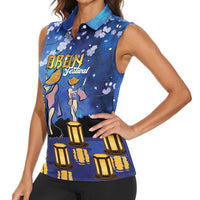 Japan Obon Festival Women Sleeveless Polo Shirt Sakura Lanterns With Bon Dance - Polynesian Pride