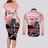 Personalised Japan Samurai Warrior Couples Matching Long Sleeve Bodycon Dress and Long Sleeve Button Shirt Japanese Cherry Blossom Polynesian Pattern LT14 - Polynesian Pride