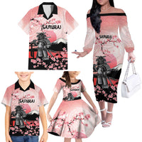 Personalised Japan Samurai Warrior Family Matching Off The Shoulder Long Sleeve Dress and Hawaiian Shirt Japanese Cherry Blossom Polynesian Pattern - Polynesian Pride