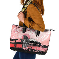 Personalised Japan Samurai Warrior Leather Tote Bag Japanese Cherry Blossom Polynesian Pattern - Polynesian Pride
