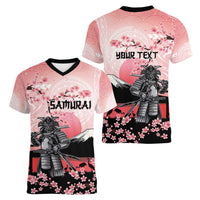 Personalised Japan Samurai Warrior Women V-Neck T-Shirt Japanese Cherry Blossom Polynesian Pattern - Polynesian Pride