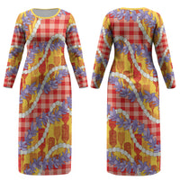 Hawaii Kahili Palaka Motifs Couples Matching Long Sleeve Bodycon Dress and Long Sleeve Button Shirt Hawaiian Honohono Pikake Lei LT14 - Polynesian Pride